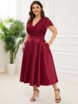 Plus Size V-neck Lace Bodice A-line Cocktail Dress with Pockets – Burgundy