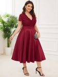 Plus Size V-neck Lace Bodice A-line Cocktail Dress with Pockets – Burgundy