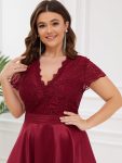 Plus Size V-neck Lace Bodice A-line Cocktail Dress with Pockets – Burgundy