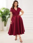 Plus Size V-neck Lace Bodice A-line Cocktail Dress with Pockets – Burgundy