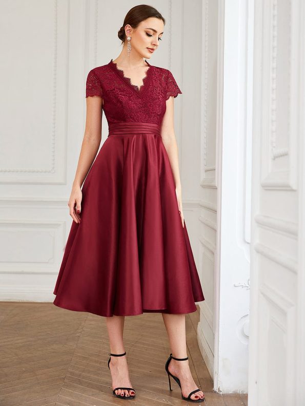 Romantic V-neck Lace Bodice Wedding Guest Dress with Pockets - Burgundy