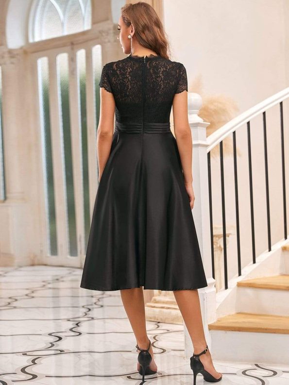 Romantic V-neck Lace Bodice Wedding Guest Dress with Pockets - Black