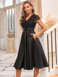 Romantic V-neck Lace Bodice Wedding Guest Dress with Pockets - Black