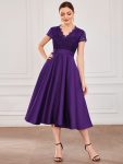 Romantic V-neck Lace Bodice Wedding Guest Dress with Pockets – Dark Purple