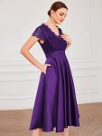 Romantic V-neck Lace Bodice Wedding Guest Dress with Pockets – Dark Purple