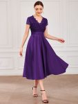 Romantic V-neck Lace Bodice Wedding Guest Dress with Pockets – Dark Purple