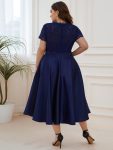 Plus Size V-neck Lace Bodice A-line Cocktail Dress with Pockets – Navy Blue