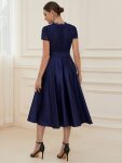 Romantic V-neck Lace Bodice Wedding Guest Dress with Pockets – Navy Blue