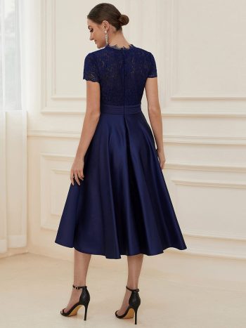 Romantic V-neck Lace Bodice Wedding Guest Dress with Pockets - Navy Blue