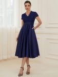 Romantic V-neck Lace Bodice Wedding Guest Dress with Pockets – Navy Blue