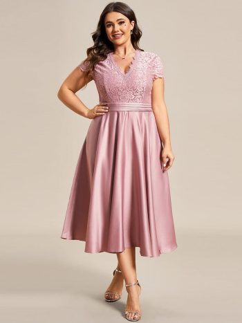 Romantic V-neck Lace Bodice Wedding Guest Dress with Pockets - Purple Orchid