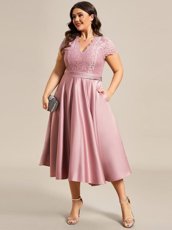 Romantic V-neck Lace Bodice Wedding Guest Dress with Pockets - Purple Orchid