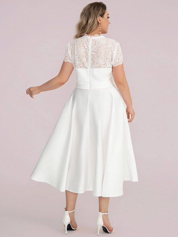 Plus Size V-neck Lace Bodice A-line Cocktail Dress with Pockets - White