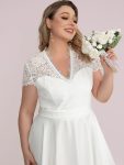 Plus Size V-neck Lace Bodice A-line Cocktail Dress with Pockets – White