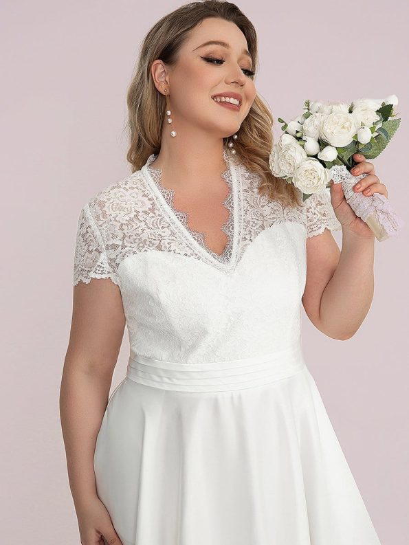 Plus Size V-neck Lace Bodice A-line Cocktail Dress with Pockets - White