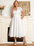 Romantic V-neck Lace Bodice Wedding Guest Dress with Pockets – White