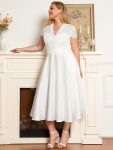 Romantic V-neck Lace Bodice Wedding Guest Dress with Pockets – White