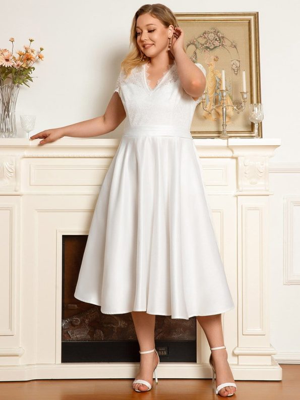 Plus Size V-neck Lace Bodice A-line Cocktail Dress with Pockets - White