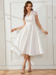 Romantic V-neck Lace Bodice Wedding Guest Dress with Pockets – White