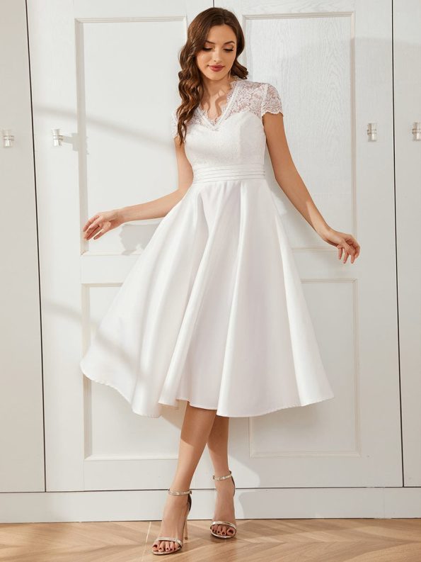 Romantic V-neck Lace Bodice Wedding Guest Dress with Pockets - White