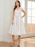 Romantic V-neck Lace Bodice Wedding Guest Dress with Pockets - White