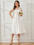 Romantic V-neck Lace Bodice Wedding Guest Dress with Pockets – White