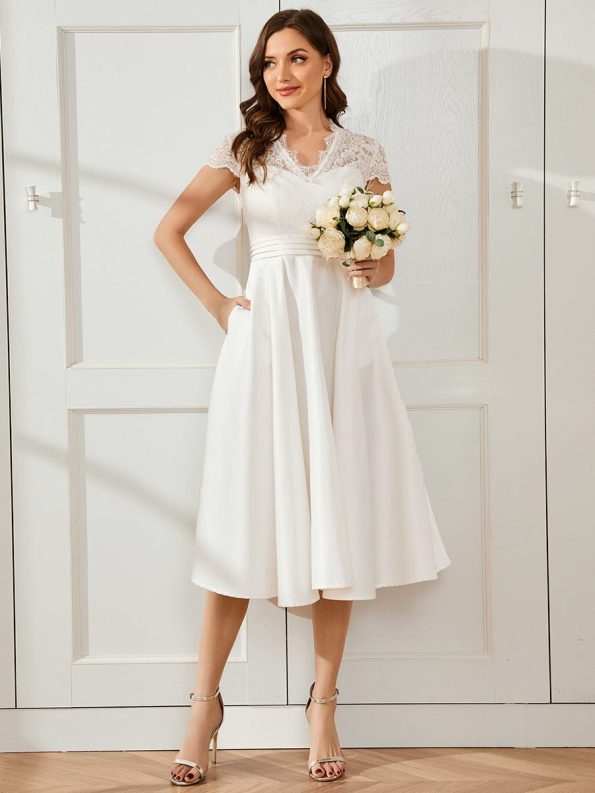 Romantic V-neck Lace Bodice Wedding Guest Dress with Pockets - White