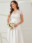 Romantic V-neck Lace Bodice Wedding Guest Dress with Pockets – White