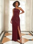 Fancy One Shoulder Sequin Long Evening Dress – Burgundy