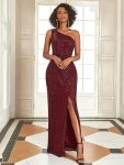 Fancy One Shoulder Sequin Long Evening Dress – Burgundy