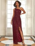 Fancy One Shoulder Sequin Long Evening Dress – Burgundy