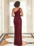 Fancy One Shoulder Sequin Long Evening Dress – Burgundy