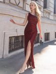 Fancy One Shoulder Sequin Long Evening Dress – Burgundy