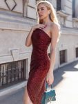 Fancy One Shoulder Sequin Long Evening Dress – Burgundy