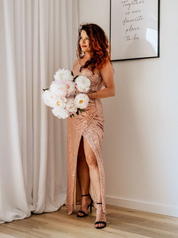 Fancy One Shoulder Sequin Long Evening Dress - Rose Gold