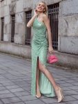 Fancy One Shoulder Sequin Long Evening Dress – Sage Green