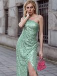 Fancy One Shoulder Sequin Long Evening Dress – Sage Green