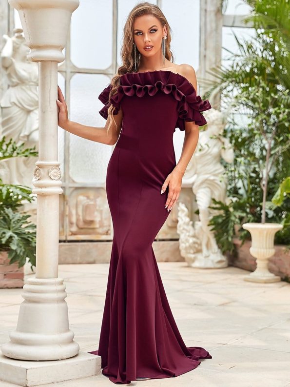 Off the Shoulder A Line Mermaid Maxi Evening Gown - Burgundy