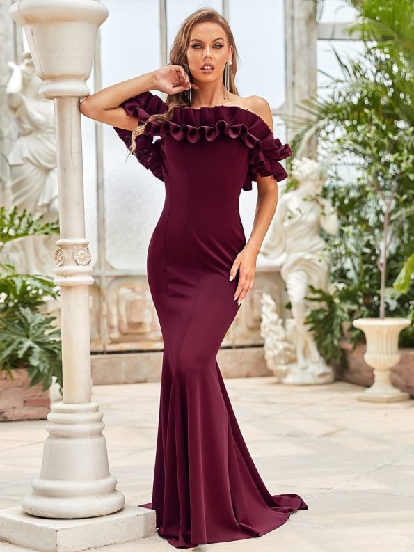 Off the Shoulder A Line Mermaid Maxi Evening Gown - Burgundy