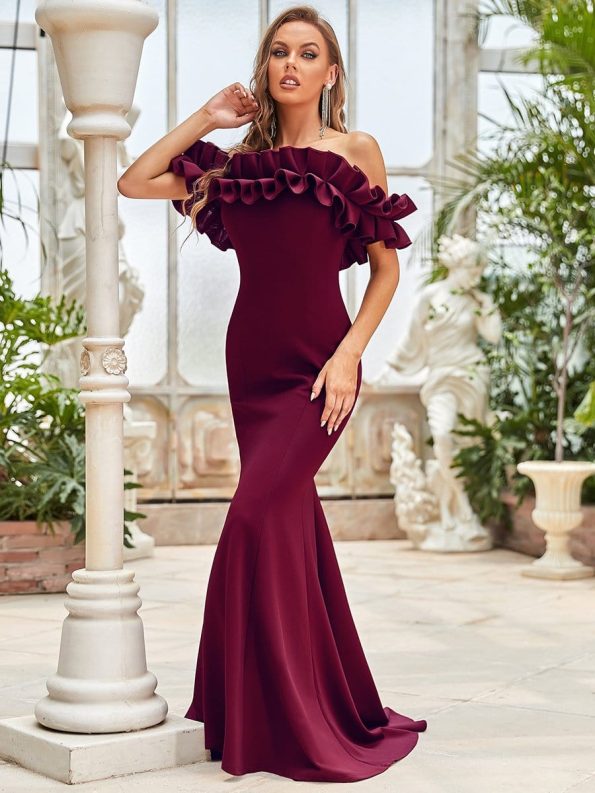 Off the Shoulder A Line Mermaid Maxi Evening Gown - Burgundy