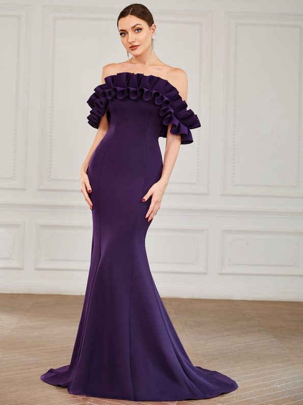 Off the Shoulder A Line Mermaid Maxi Evening Gown - Dark Purple