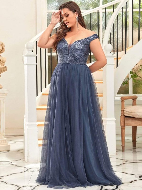 Plus Size Long Sequin Special Occasion Dresses - Dusty Navy