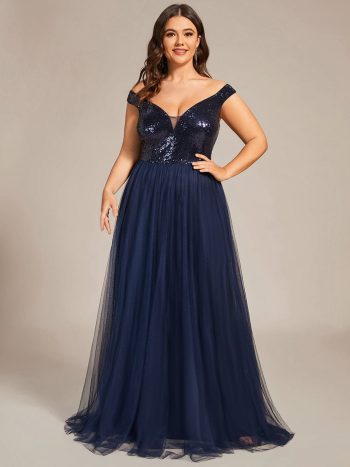 Plus Size Long Sequin Special Occasion Dresses - Navy Blue