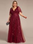 Shimmery V Neck Ruffle Sleeves Sequin Maxi Long Evening Dress – Burgundy