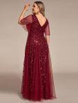 Shimmery V Neck Ruffle Sleeves Sequin Maxi Long Evening Dress – Burgundy