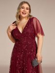 Shimmery V Neck Ruffle Sleeves Sequin Maxi Long Evening Dress – Burgundy