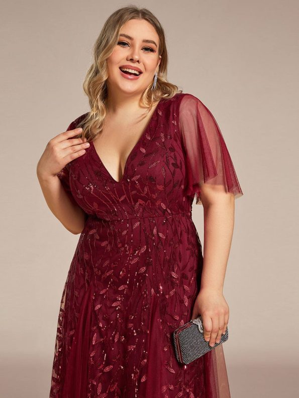 Shimmery V Neck Ruffle Sleeves Sequin Maxi Long Evening Dress - Burgundy