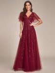 Shimmery V Neck Ruffle Sleeves Sequin Maxi Long Evening Dress – Burgundy