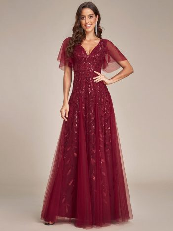 Shimmery V Neck Ruffle Sleeves Sequin Maxi Long Evening Dress - Burgundy