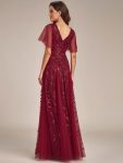 Shimmery V Neck Ruffle Sleeves Sequin Maxi Long Evening Dress – Burgundy